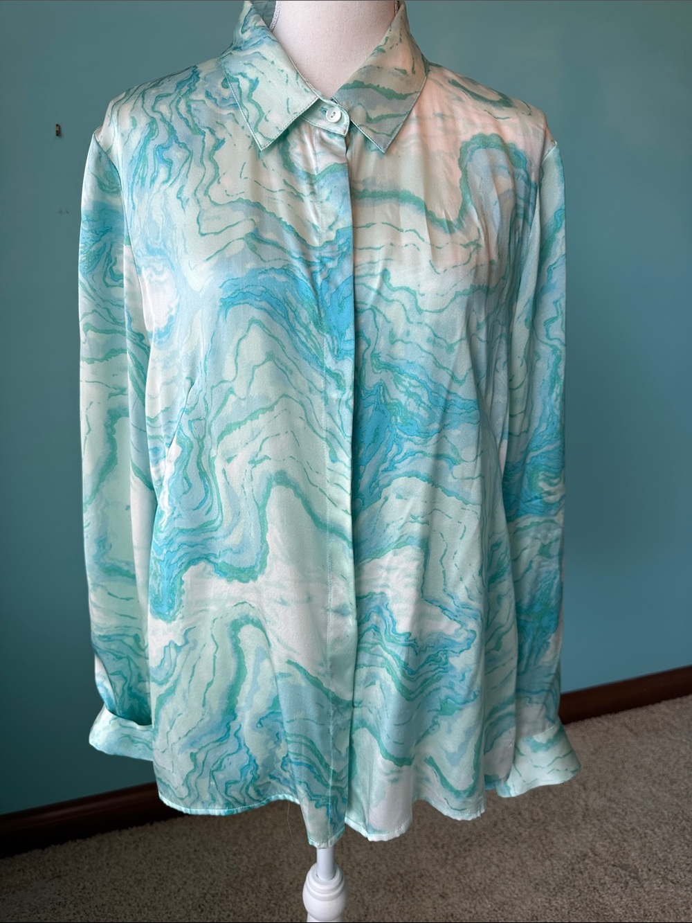 W by Worth Marble-Print Blouse - Aqua & Mint